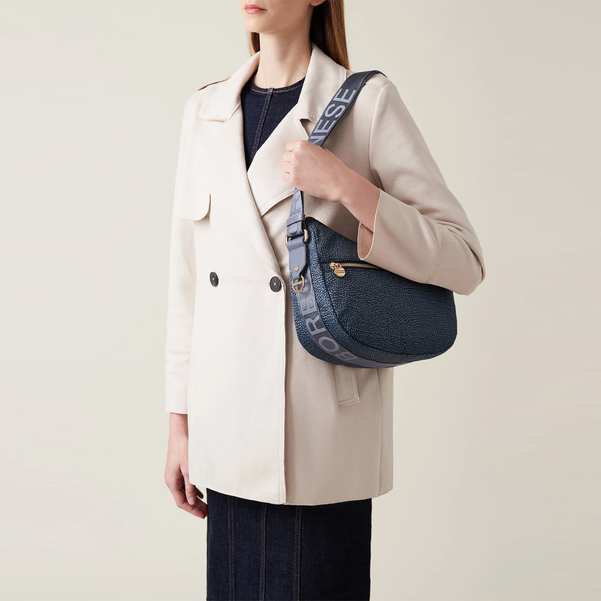 Borbonese Luna Small Denim Recycled Nylon Bag with pocket 