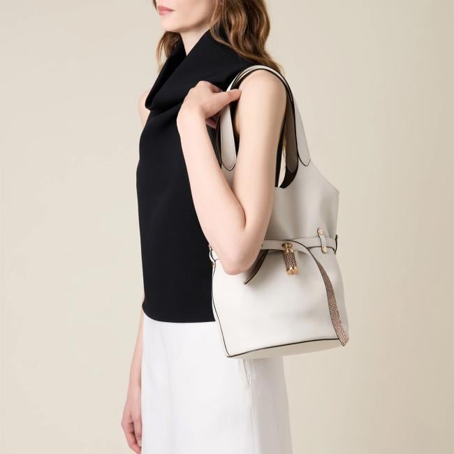 Borbonese Secchiello Premiere Small White Cotton Cuoio - 2